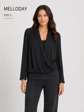 MELLODAY women black long sleeve career elegant academia feminine top/size S